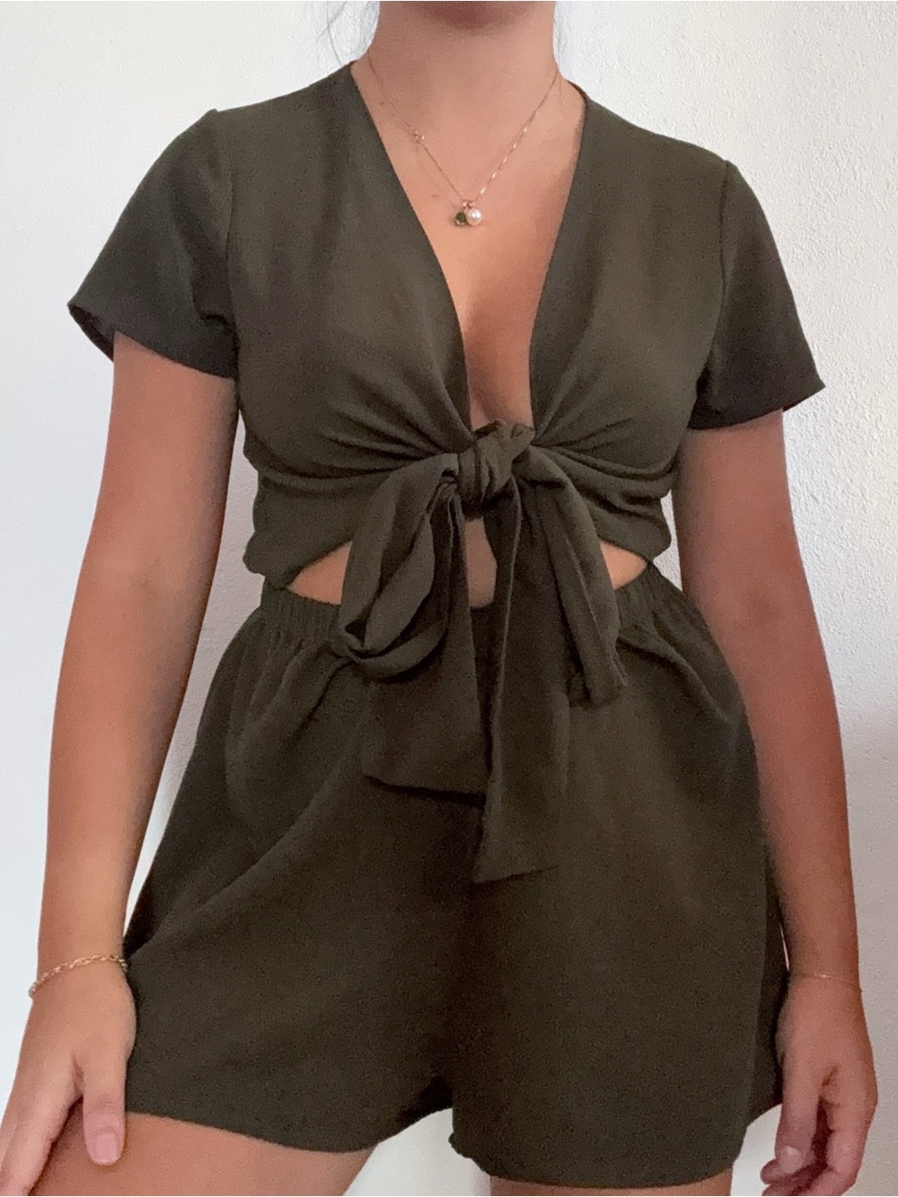 Princess Polly Olive Green Tie-Front Mini Romper